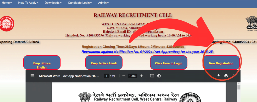 RRC WCR Apprentice Recruitment 2024 New User Registration