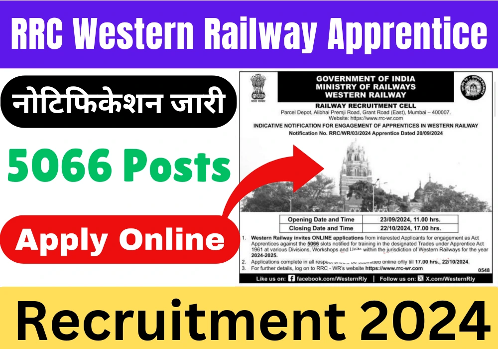 RRC Western Railway Apprentice Recruitment 2024 Notification Out रेलवे में 10वीं पास के लिए 5066 पदों पर बम्पर भर्तियां निकली- जल्द से जल्द आवेदन करें