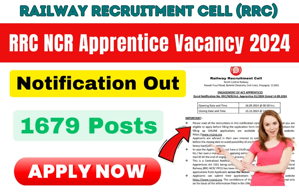 RRC NCR Prayagraj Apprentice Vacancy 2024 Apply Online बिना परीक्षा रेलवे में 10वीं पास के लिए 1679 पदों पर सीधी भर्ती