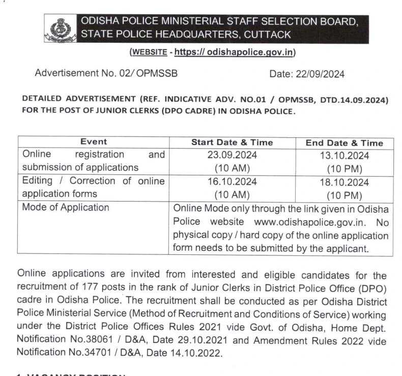 Odisha Police Junior Clerk Online Form 2024 Active