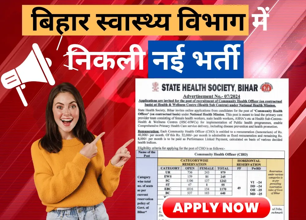 SHS Bihar CHO Vacancy 2024 बिहार स्वास्थ्य विभाग में कम्युनिटी हेल्थ ऑफिसर पदों पर निकली बंपर भर्ती- आवेदन शुरू