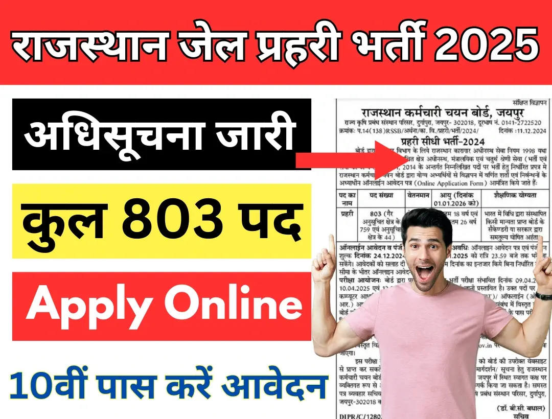 Rajasthan Jail Prahari Vacancy 2025 10वीं पास के लिए राजस्थान जेल प्रहरी भर्ती अधिसूचना जारी 803 पदों पर ऑनलाइन आवेदन करें